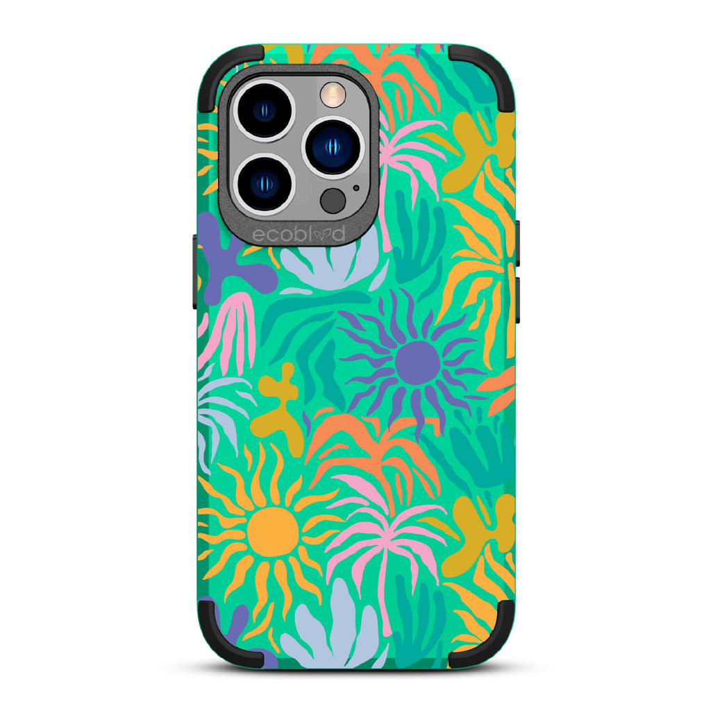 Sun-Kissed - Green Rugged Eco-Friendly iPhone 13 Pro Case With Sunflower Print + The Sun As The Flower On Back