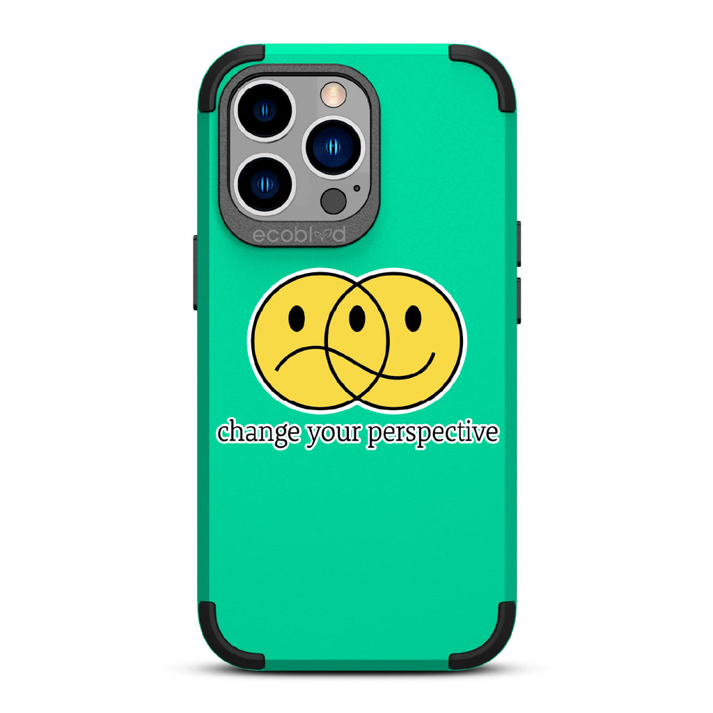 Perspective - Green Rugged Eco-Friendly iPhone 13 Pro  Case With A Happy/Sad Face & Change Your Perspective On Back