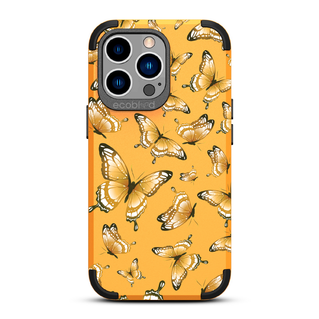 Social Butterfly - Yellow Rugged Eco-Friendly iPhone 13 Pro Case With Colorful Butterflies On Back