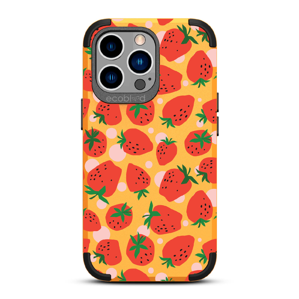 Strawberry Fields - Yellow Rugged Eco-Friendly iPhone 13 Pro Case With Strawberries On Back