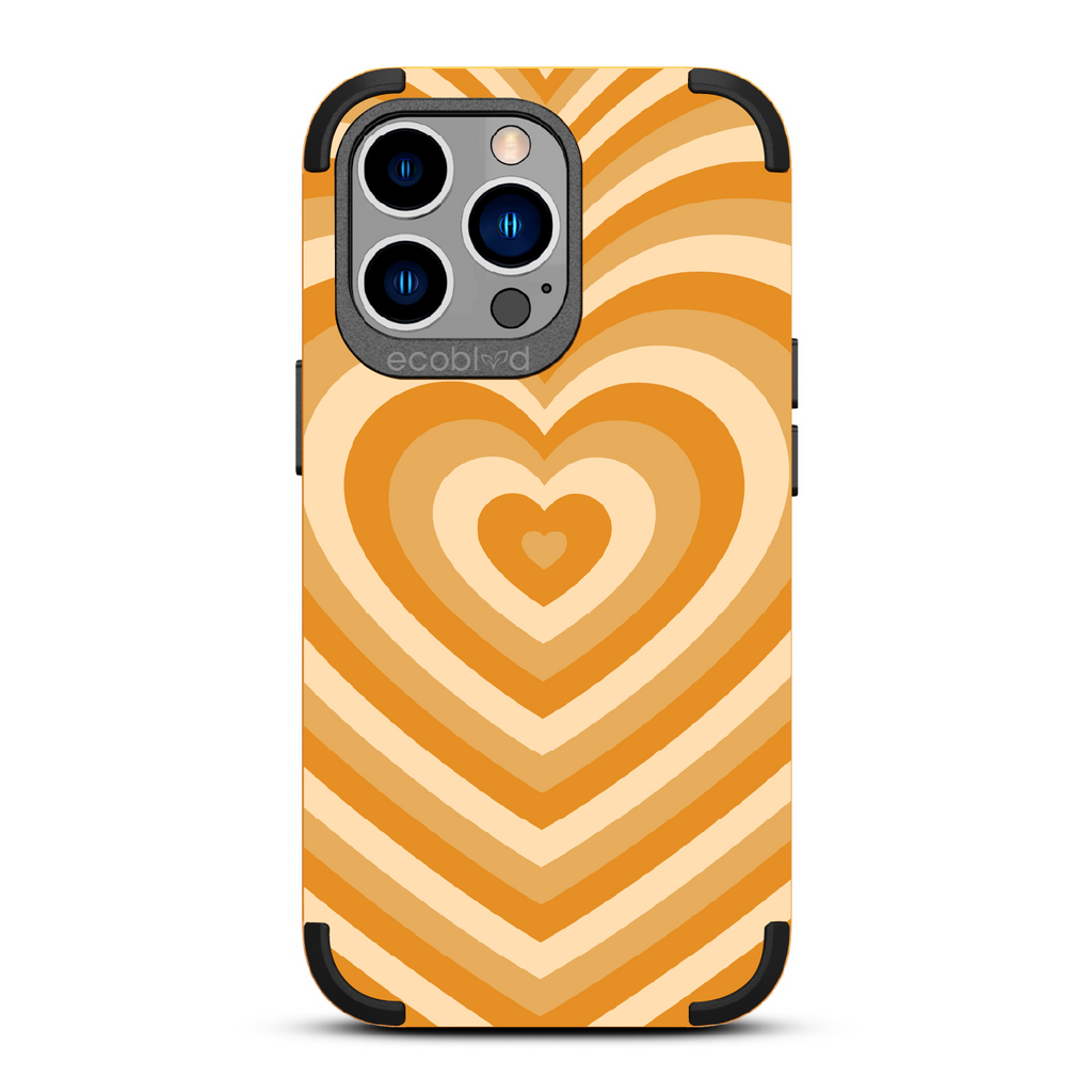 Tunnel Of Love - Yellow Rugged Eco-Friendly iPhone 13 Pro Case With A Small Heart Gradually Growing Larger On Back