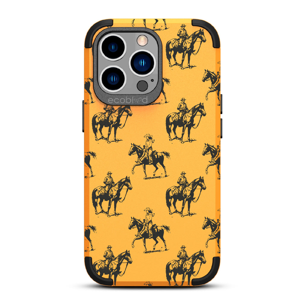 Horsin' Around  - Yellow Rugged Eco-Friendly iPhone 13 Pro Case With Cowboys On Horseback On Back