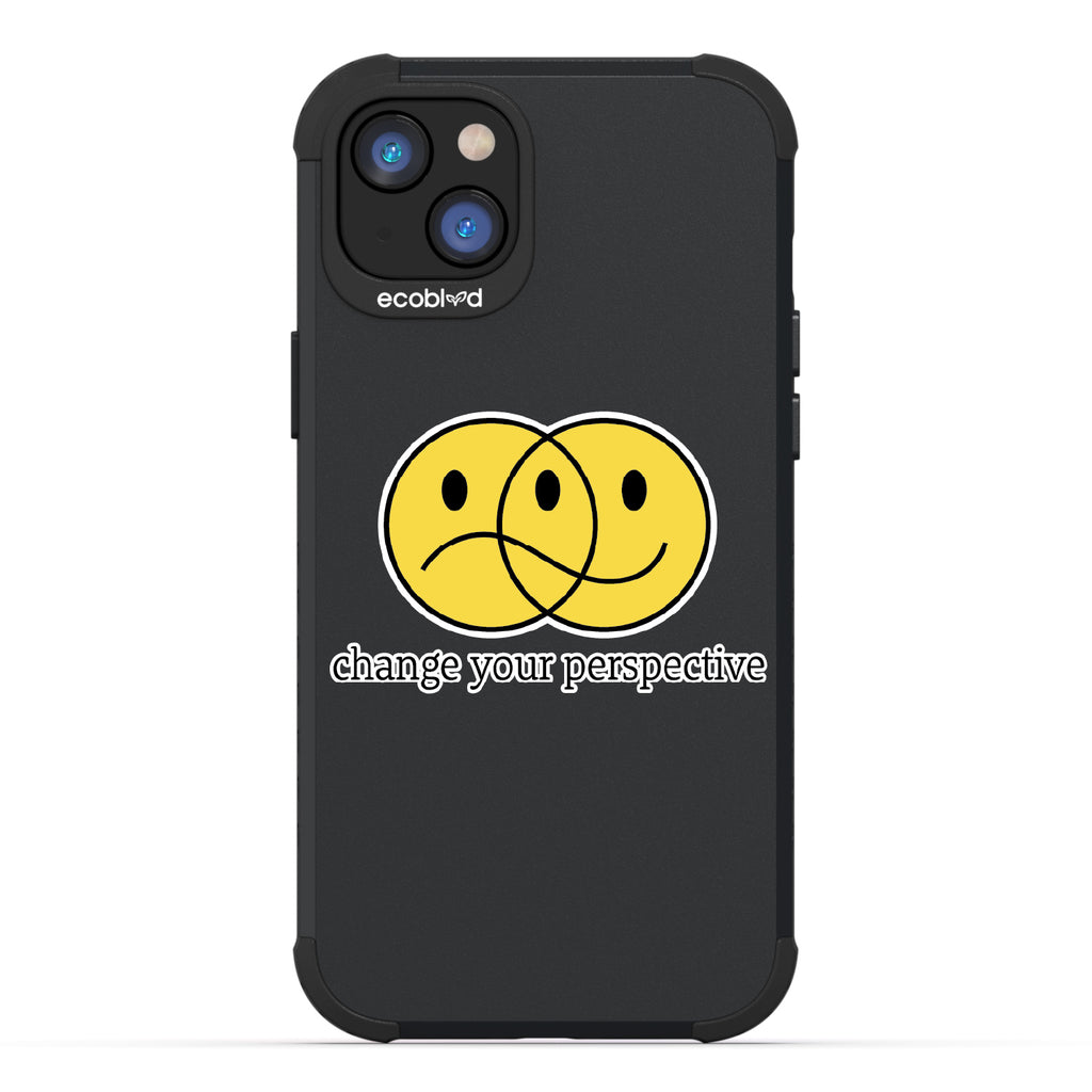 Perspective - Black Rugged Eco-Friendly iPhone 14 Plus Case With A Happy/Sad Face & Change Your Perspective On Back