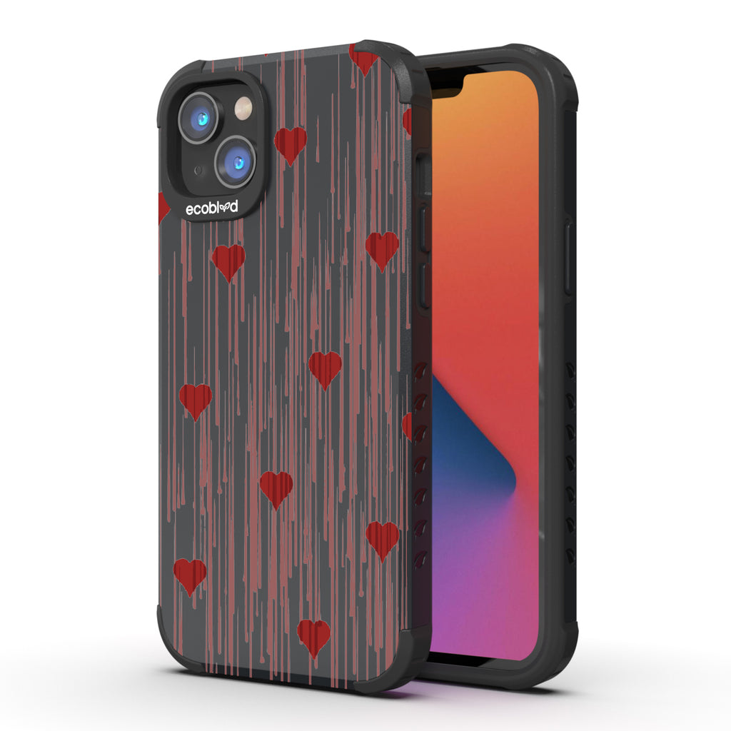 Bleeding Hearts - Back View Of Black Eco-Friendly iPhone 14 Plus Rugged Case & Front View Of Screen