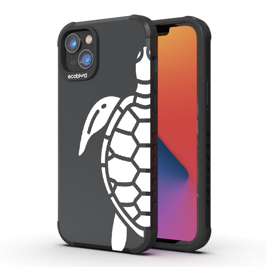 Sea Turtle - Back View Of Black & Eco-Friendly Rugged iPhone 14 Plus Case & A Front View Of The Screen