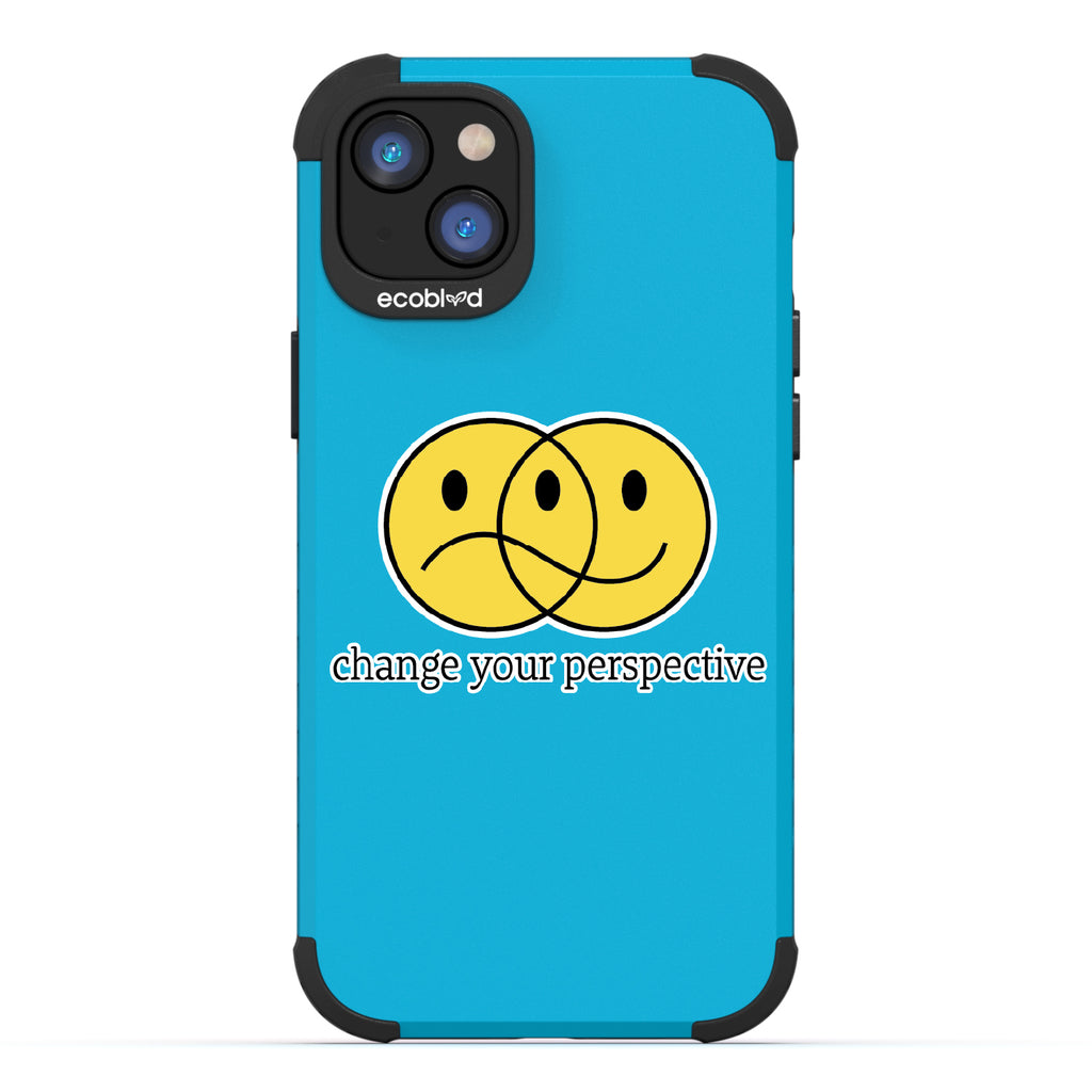 Perspective - Blue Rugged Eco-Friendly iPhone 14 Plus Case With A Happy/Sad Face & Change Your Perspective On Back