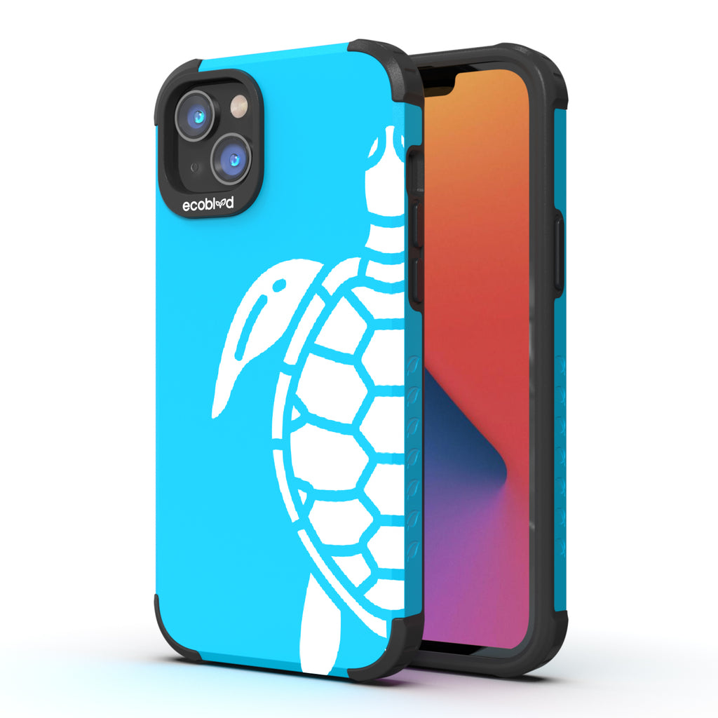 Sea Turtle - Back View Of Blue & Eco-Friendly Rugged iPhone 14 Plus Case & A Front View Of The Screen