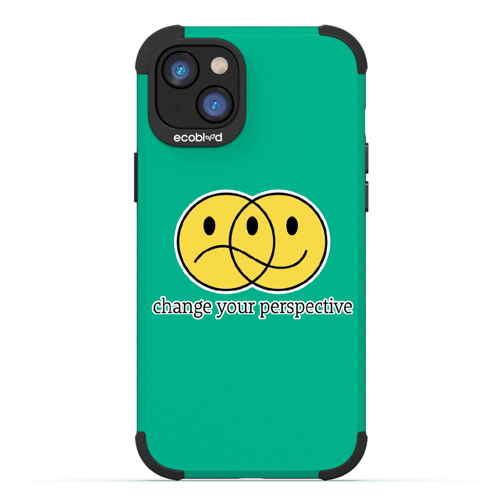 Perspective - Green Rugged Eco-Friendly iPhone 14 Plus Case With A Happy/Sad Face & Change Your Perspective On Back