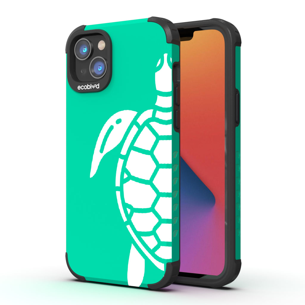 Sea Turtle - Back View Of Green & Eco-Friendly Rugged iPhone 14 Plus Case & A Front View Of The Screen