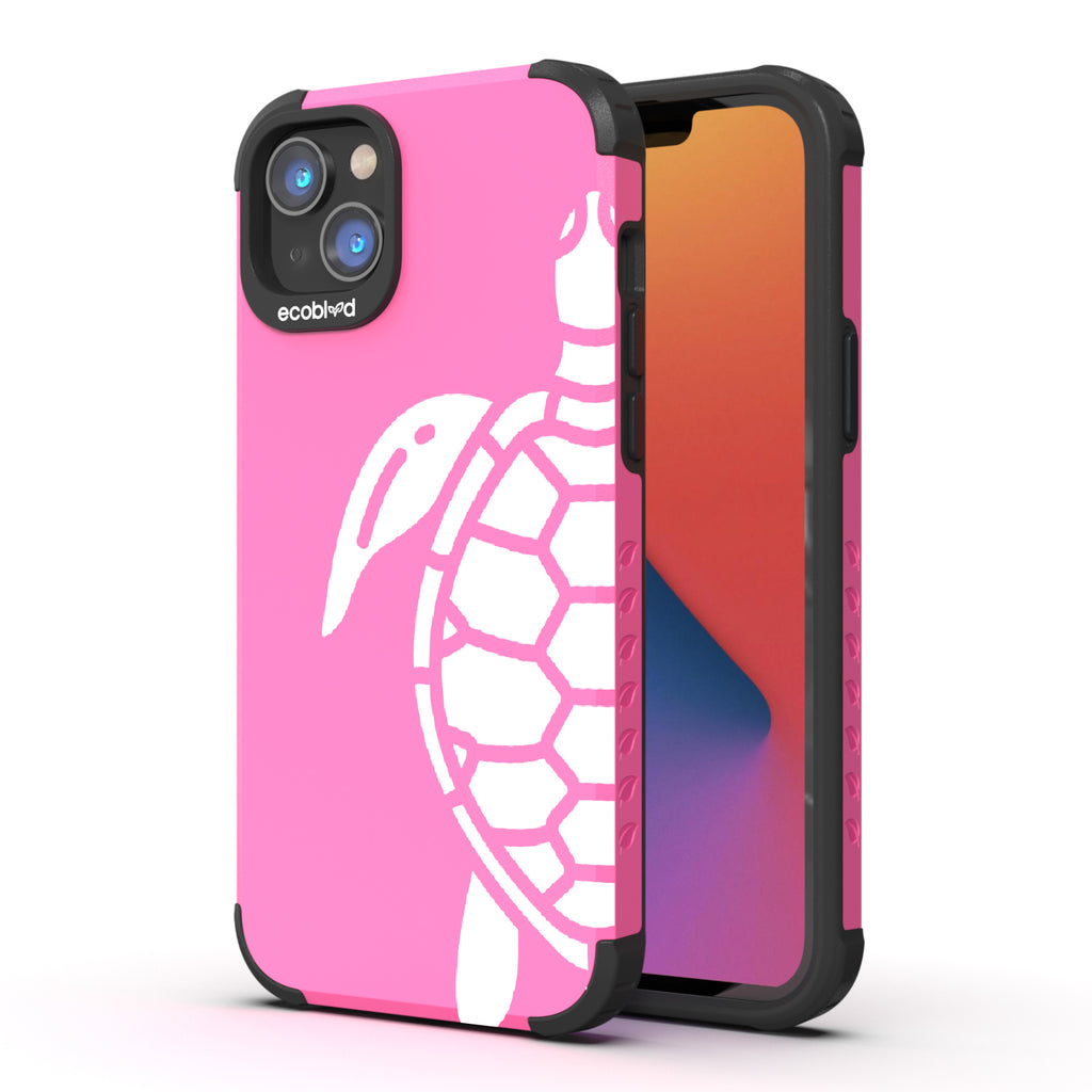 Sea Turtle - Back View Of Pink & Eco-Friendly Rugged iPhone 14 Plus Case & A Front View Of The Screen