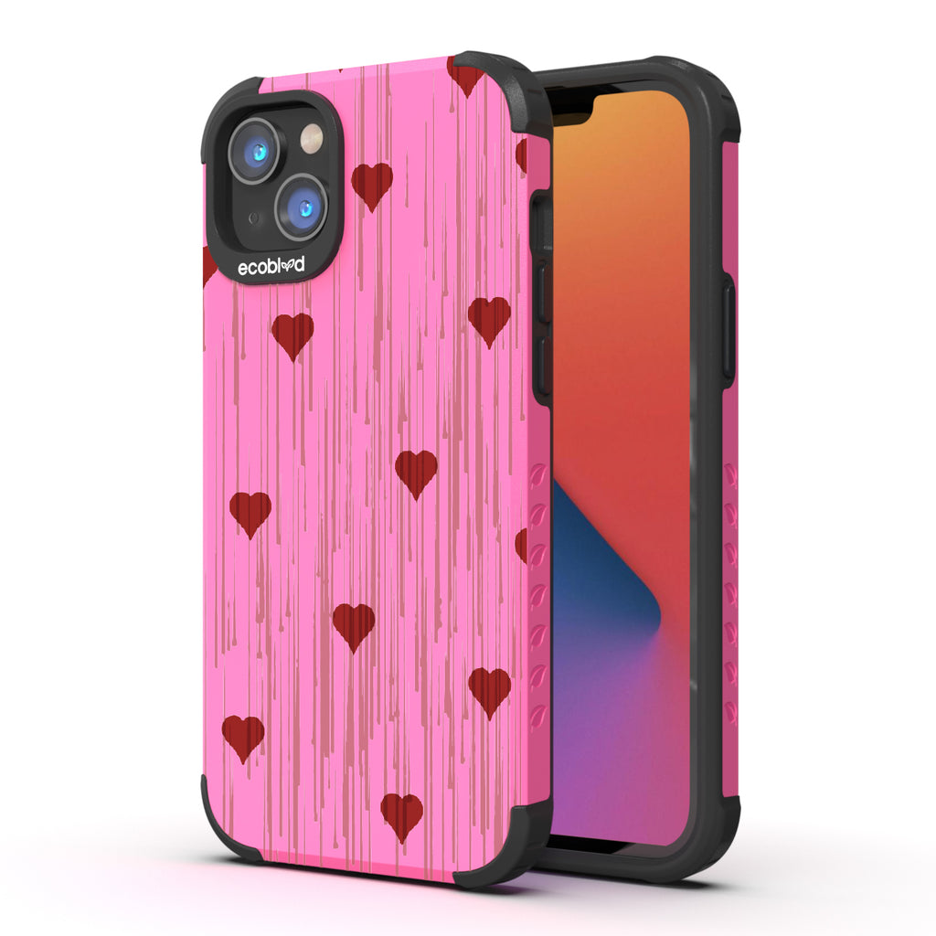 Bleeding Hearts - Back View Of Pink Eco-Friendly iPhone 14 Plus Rugged Case & Front View Of Screen