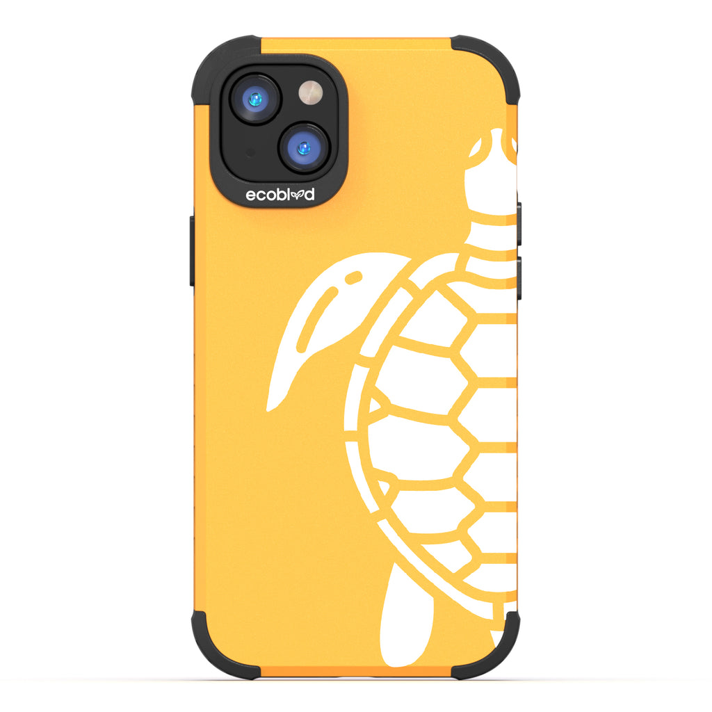 Sea Turtle - Yellow Rugged Eco-Friendly iPhone 14 Plus Case With A Minimalist Sea Turtle Design On Back