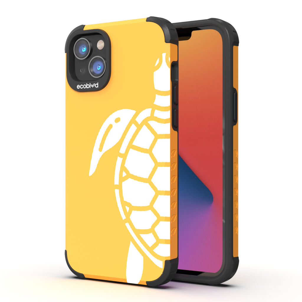 Sea Turtle - Back View Of Yellow & Eco-Friendly Rugged iPhone 14 Plus Case & A Front View Of The Screen