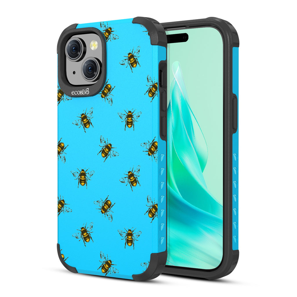 Bees - Back View Of Blue Eco-Friendly iPhone 15 Rugged MagSafe Case & Front View Of Screen