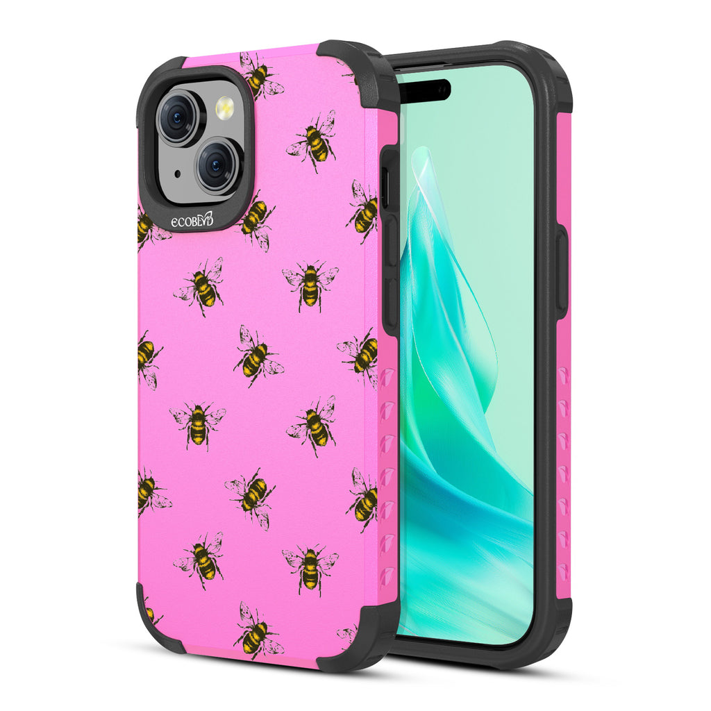 Bees - Back View Of Pink Eco-Friendly iPhone 15 Rugged MagSafe Case & Front View Of Screen