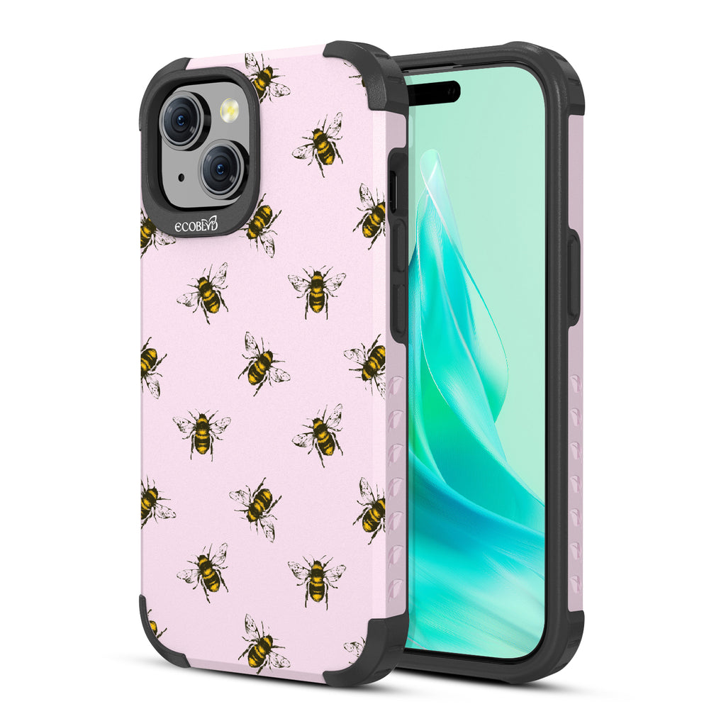 Bees - Back View Of Pastel Lilac Eco-Friendly iPhone 15 Rugged MagSafe Case & Front View Of Screen