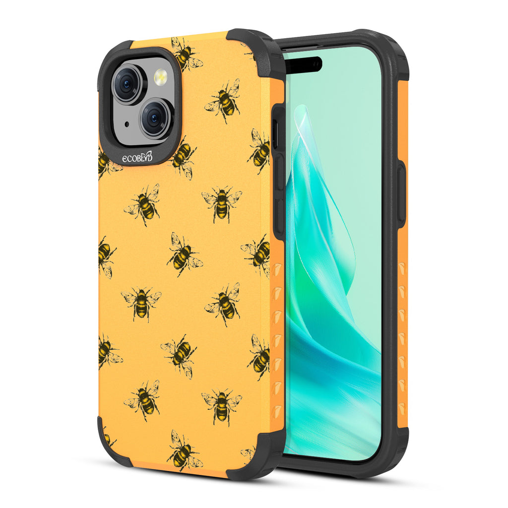 Bees - Back View Of Yellow Eco-Friendly iPhone 15 Rugged MagSafe Case & Front View Of Screen