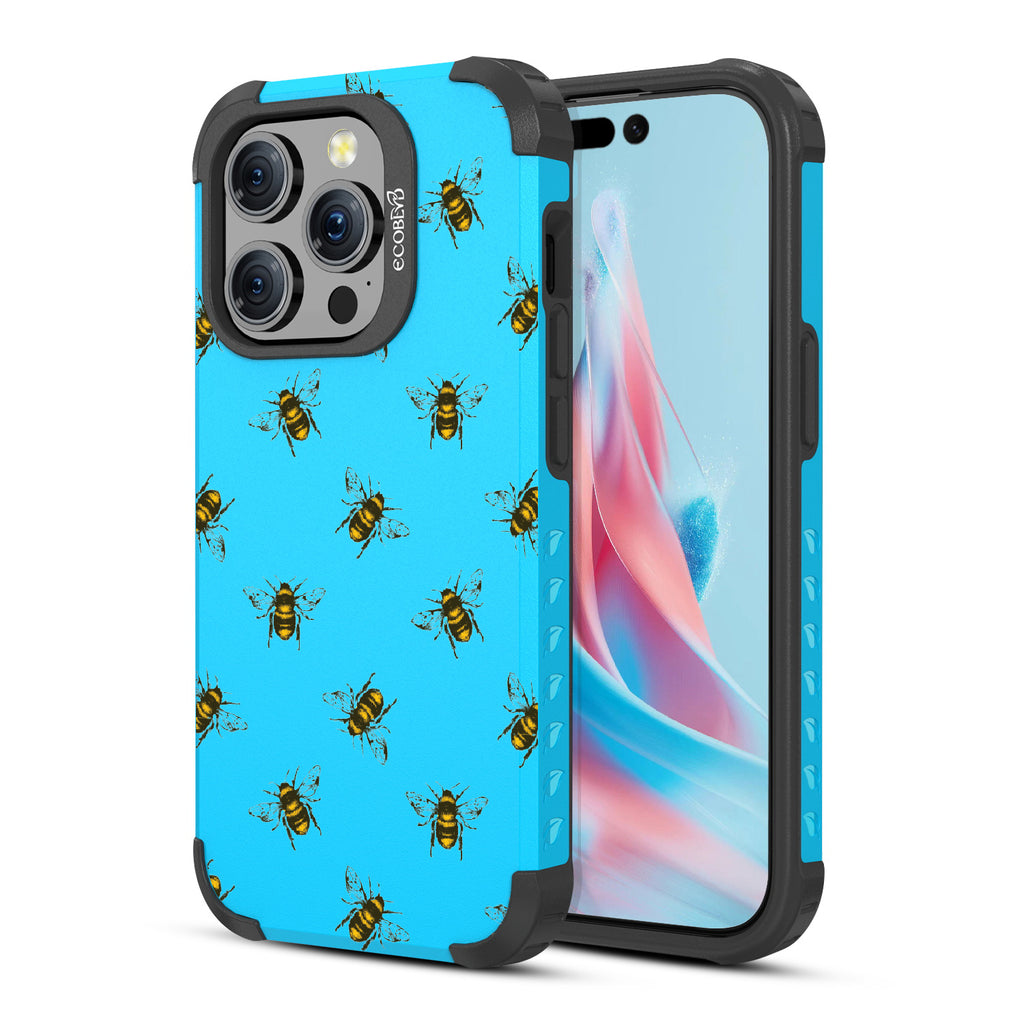  Bees - Back View Of Blue Eco-Friendly iPhone 15 Pro Rugged MagSafe Case & Front View Of Screen