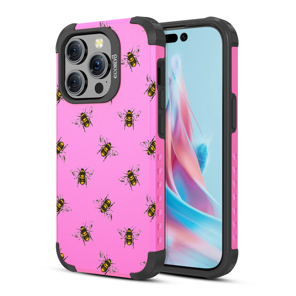 Bees - Back View Of Pink Eco-Friendly iPhone 15 Pro Rugged MagSafe Case & Front View Of Screen