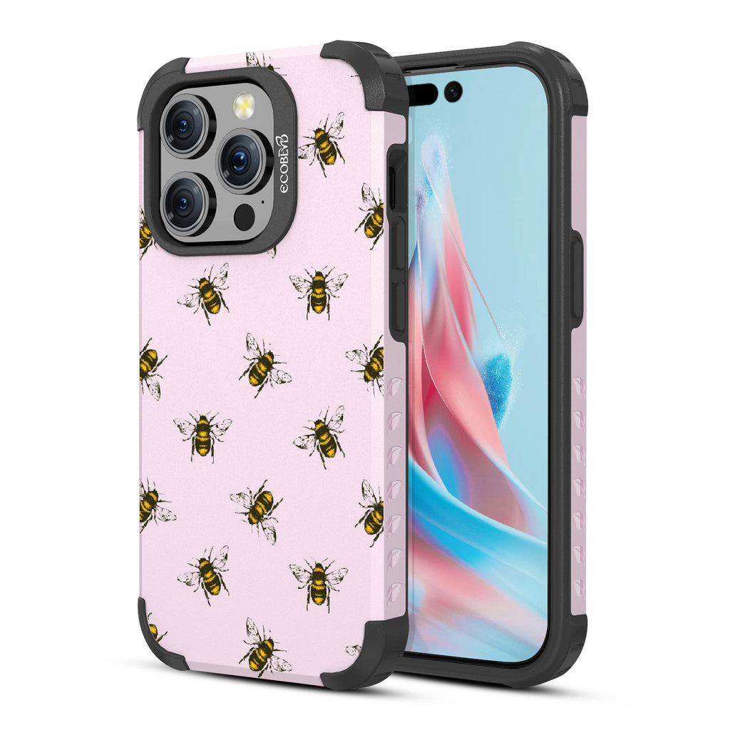 Bees - Back View Of Pastel Lilac Eco-Friendly iPhone 15 Pro Rugged MagSafe Case & Front View Of Screen