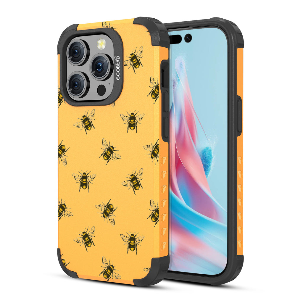 Bees - Back View Of Yellow Eco-Friendly iPhone 15 Pro Rugged MagSafe Case & Front View Of Screen