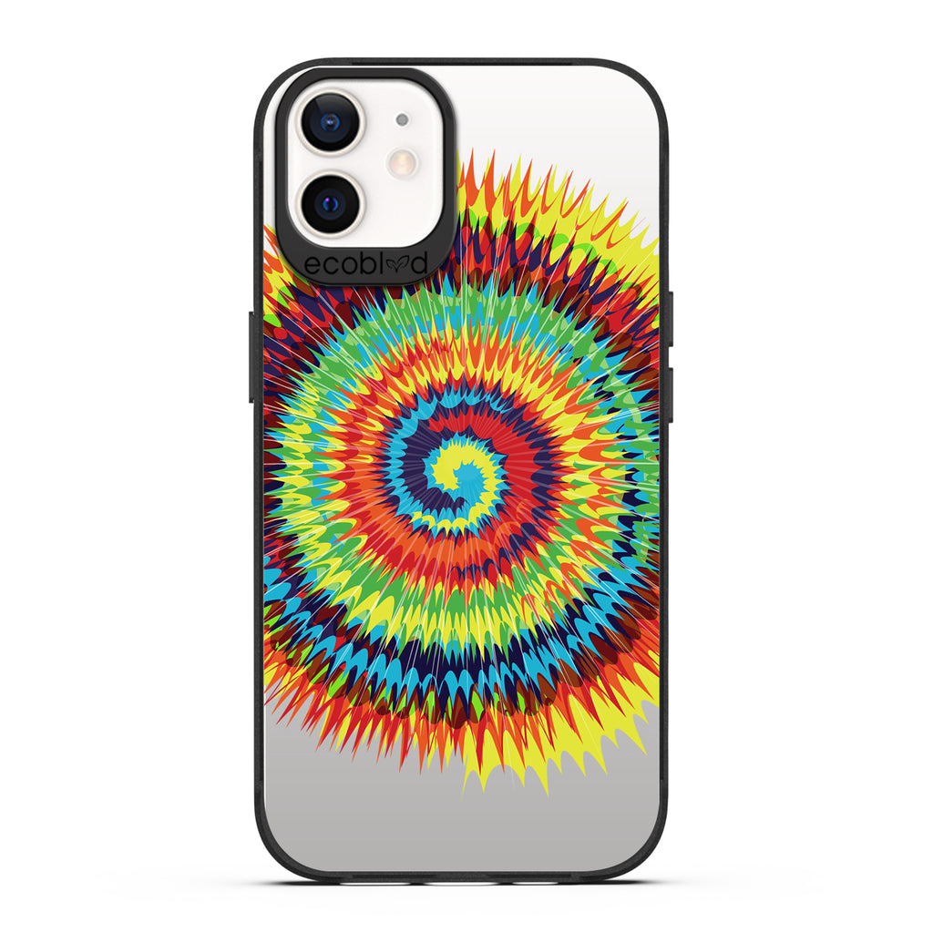 Laguna Collection - Black iPhone 12 / 12 Pro Case With A Retro Rainbow Tie Dye Print On A Clear Back - 6FT Drop Protection