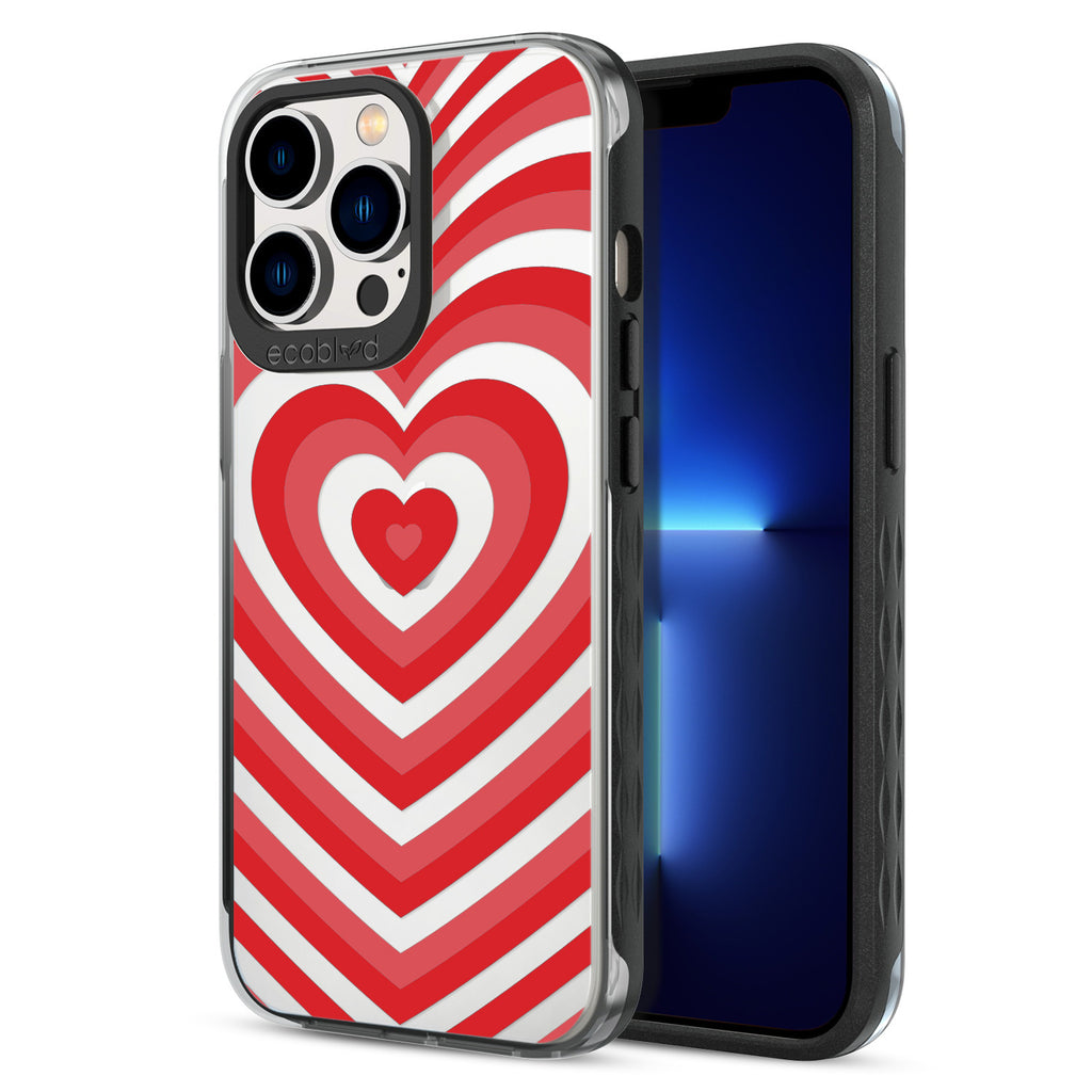 Back View Of Black Eco-Friendly iPhone 12 & 13 Pro Max Clear Case With The Tunnel Of Love Design & Front View Of Screen