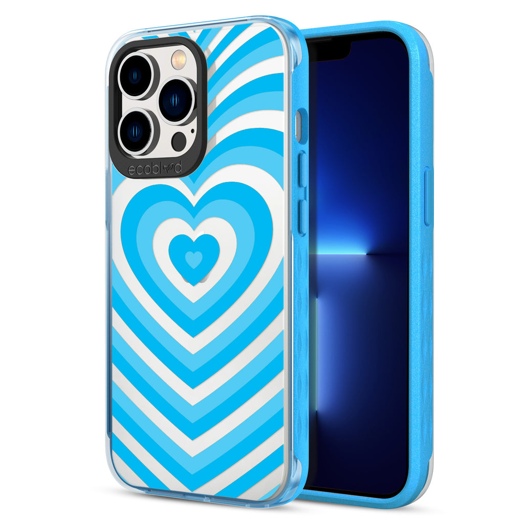 Back View Of Blue Eco-Friendly iPhone 12 & 13 Pro Max Clear Case With The Tunnel Of Love Design & Front View Of Screen