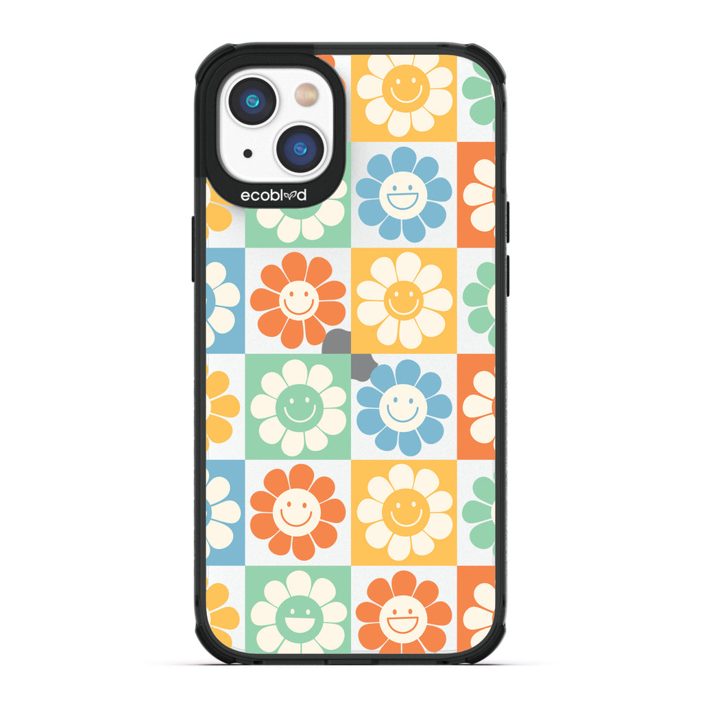 Spring Collection - Black Compostable iPhone 14 Plus Case - 70's Gingham Cartoon Flowers W/ Smiley Faces On Clear Back