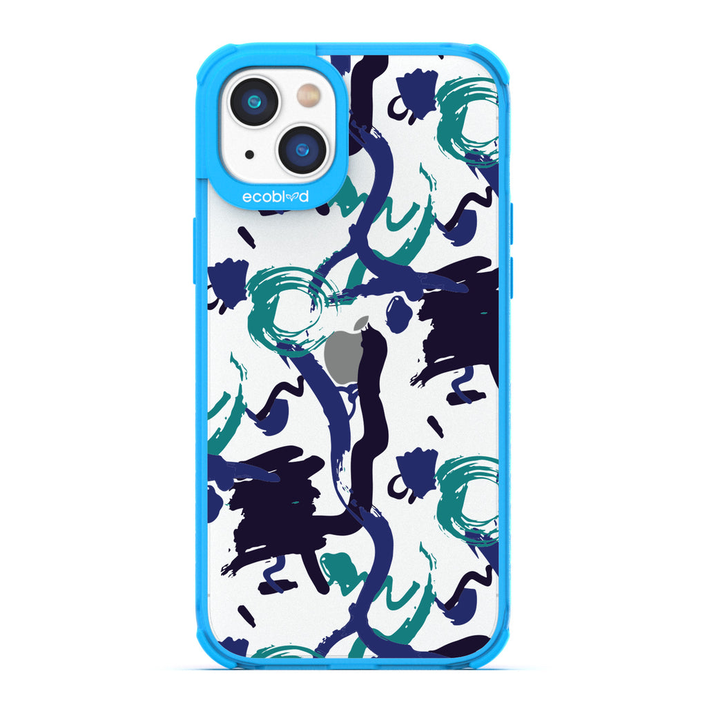 Contemporary Collection - Blue Compostable iPhone 14 Plus Case - Blue, Black, Teal Abstract Paint Swirl On A Clear Back