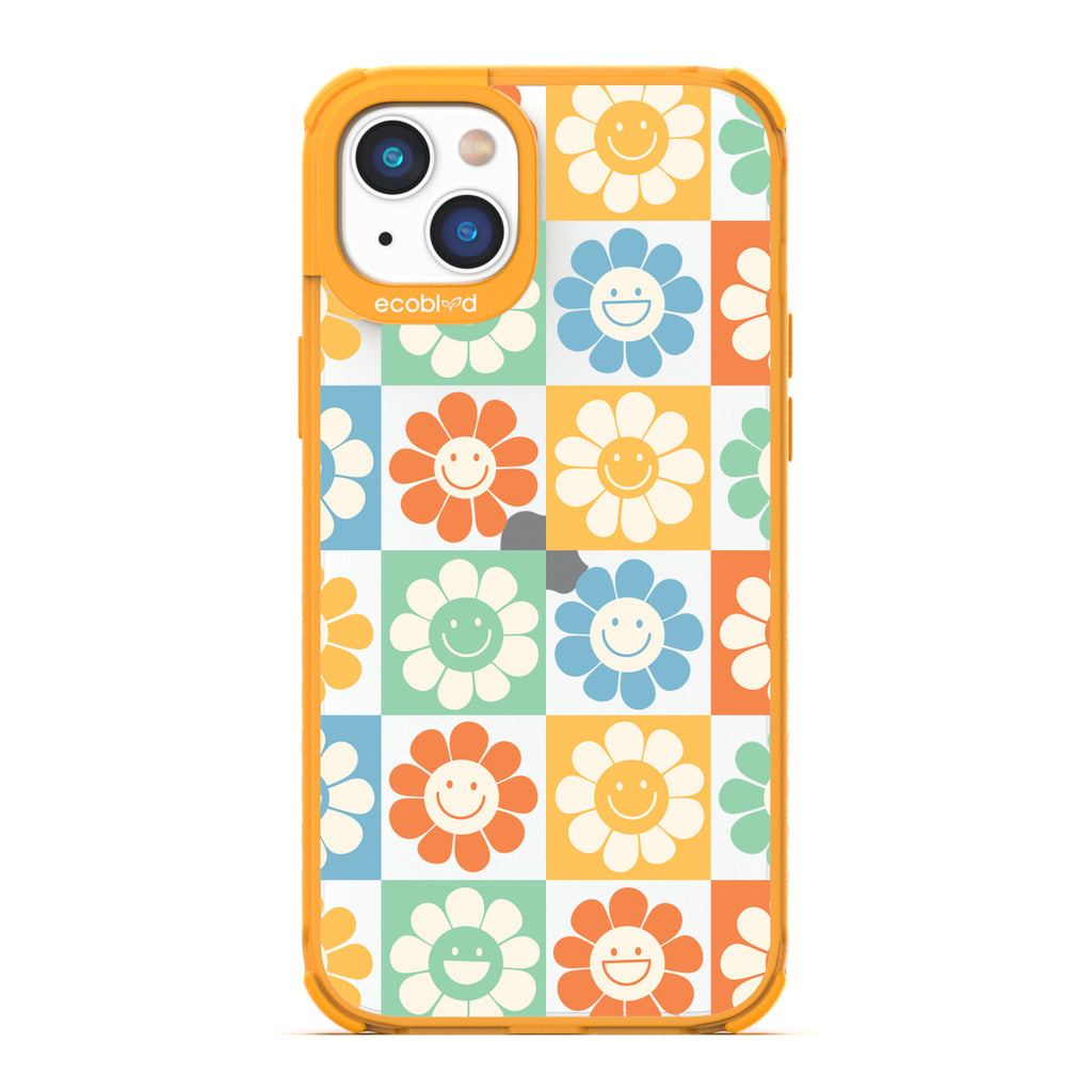 Spring Collection - Yellow Compostable iPhone 14 Plus Case - 70's Gingham Cartoon Flowers W/ Smiley Faces On Clear Back