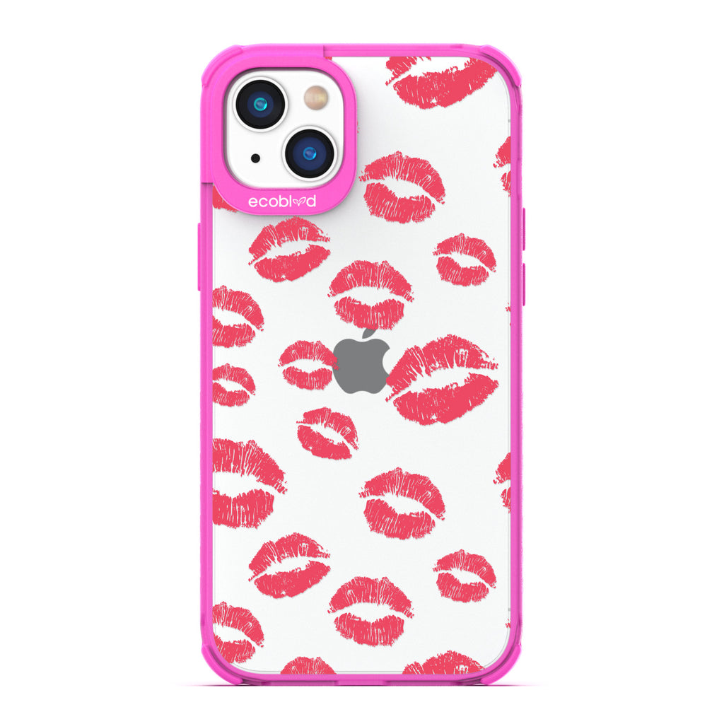 Bisou - Pink Compostable iPhone 14 Case - Multiple Red Lipstick Kisses On A Clear Back