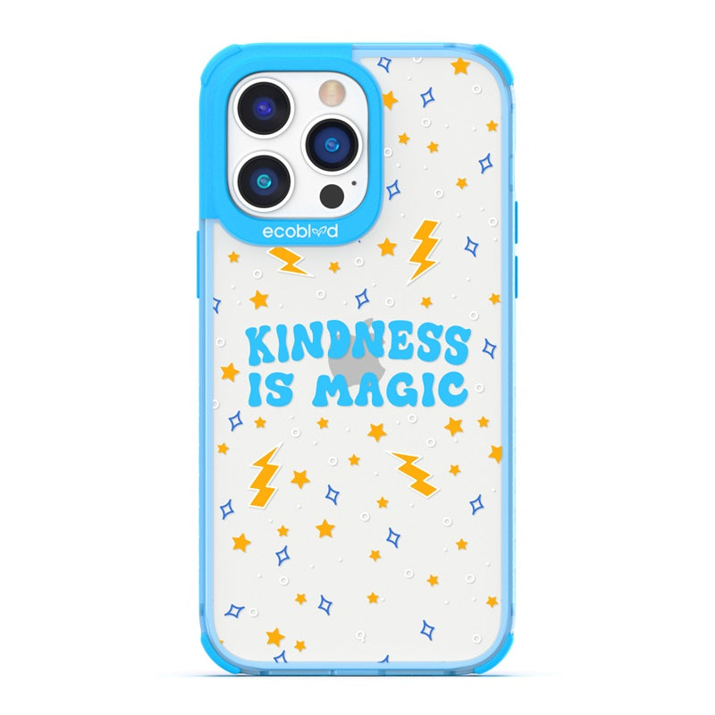 Laguna Collection - Blue Compostable iPhone 14 Pro Case With Kindness Is Magic, Lightning & Stars On A Clear Back